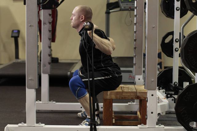 Box Squat with Bands: finishing position
