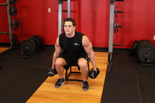 Dumbbell Squat To A Bench: finishing position