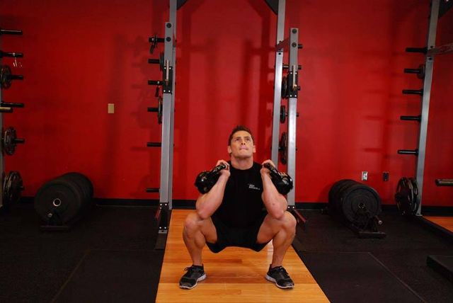 Front Squats With Two Kettlebells: finishing position