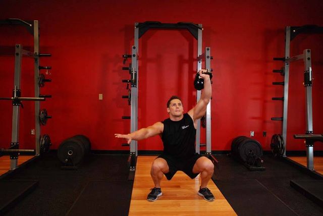 One-Arm Overhead Kettlebell Squats: finishing position