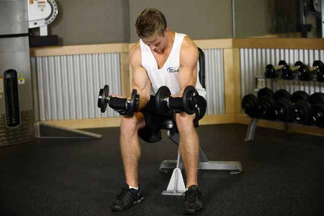 Seated Dumbbell Palms-Up Wrist Curl: finishing position