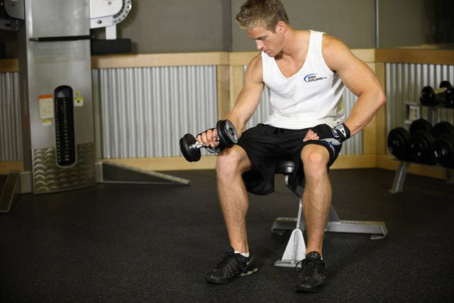 Seated One-Arm Dumbbell Palms-Down Wrist Curl: finishing position