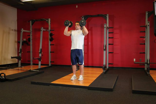 Standing Palms-In Dumbbell Press: finishing position