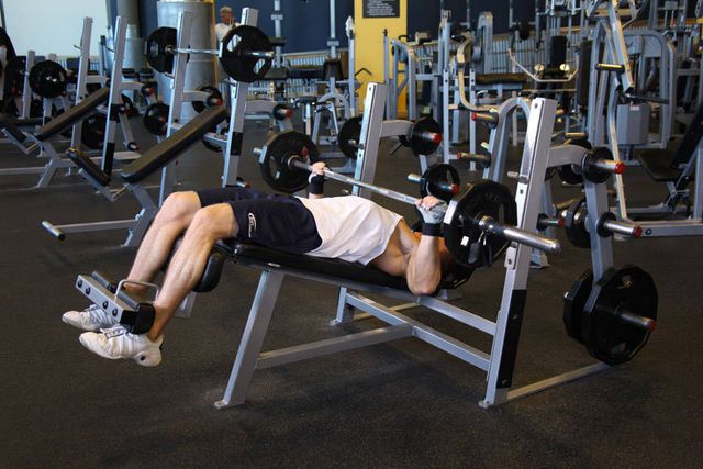 Wide-Grip Decline Barbell Bench Press: finishing position